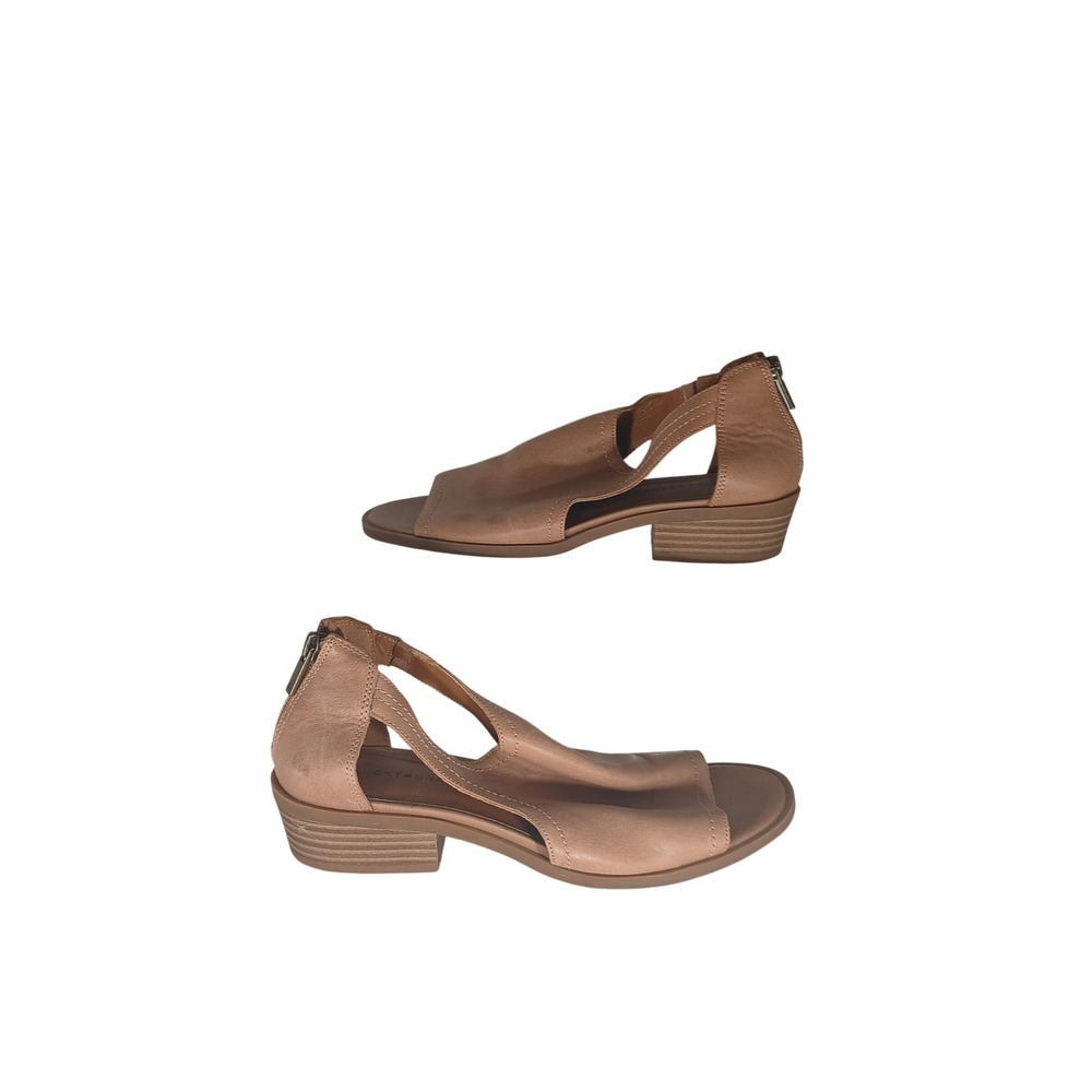 Lucky Brand Sarzy Sandal 7.5 Tan Leather Block Heel Cutout Peep Toe Boho
